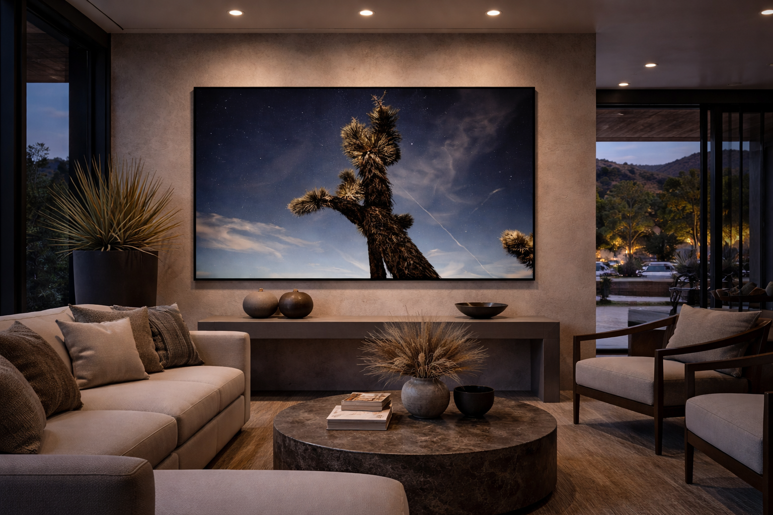 Elegant living room with desert art.png