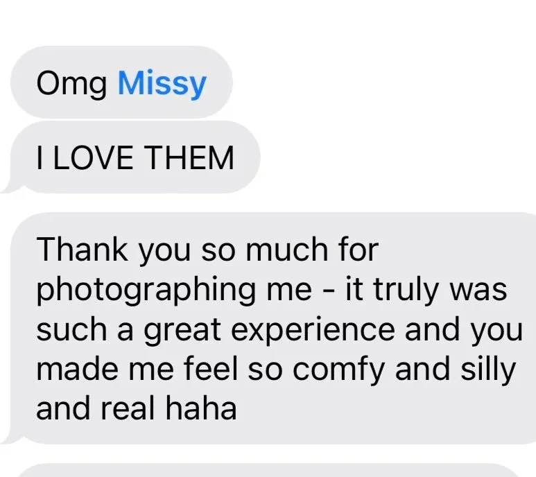 Screenshots of a text message conversation expressing excitement and gratitude after a photography session, mentioning feelings of comfort and fun.