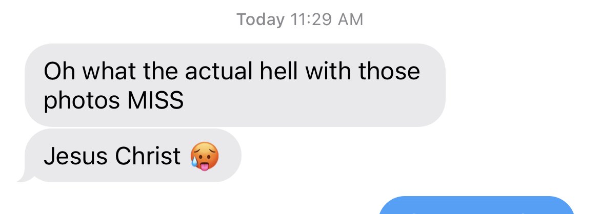A screenshot of a text message conversation discussing photos, with one message expressing shock and the other mentioning Jesus Christ and a sweating emoji.