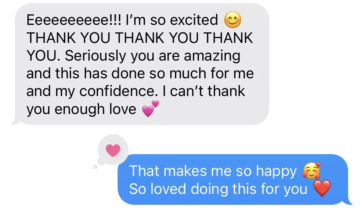 A text message conversation expressing excitement, gratitude, and love, with emojis including a smiling face, pink hearts, and a smiling face with hearts.