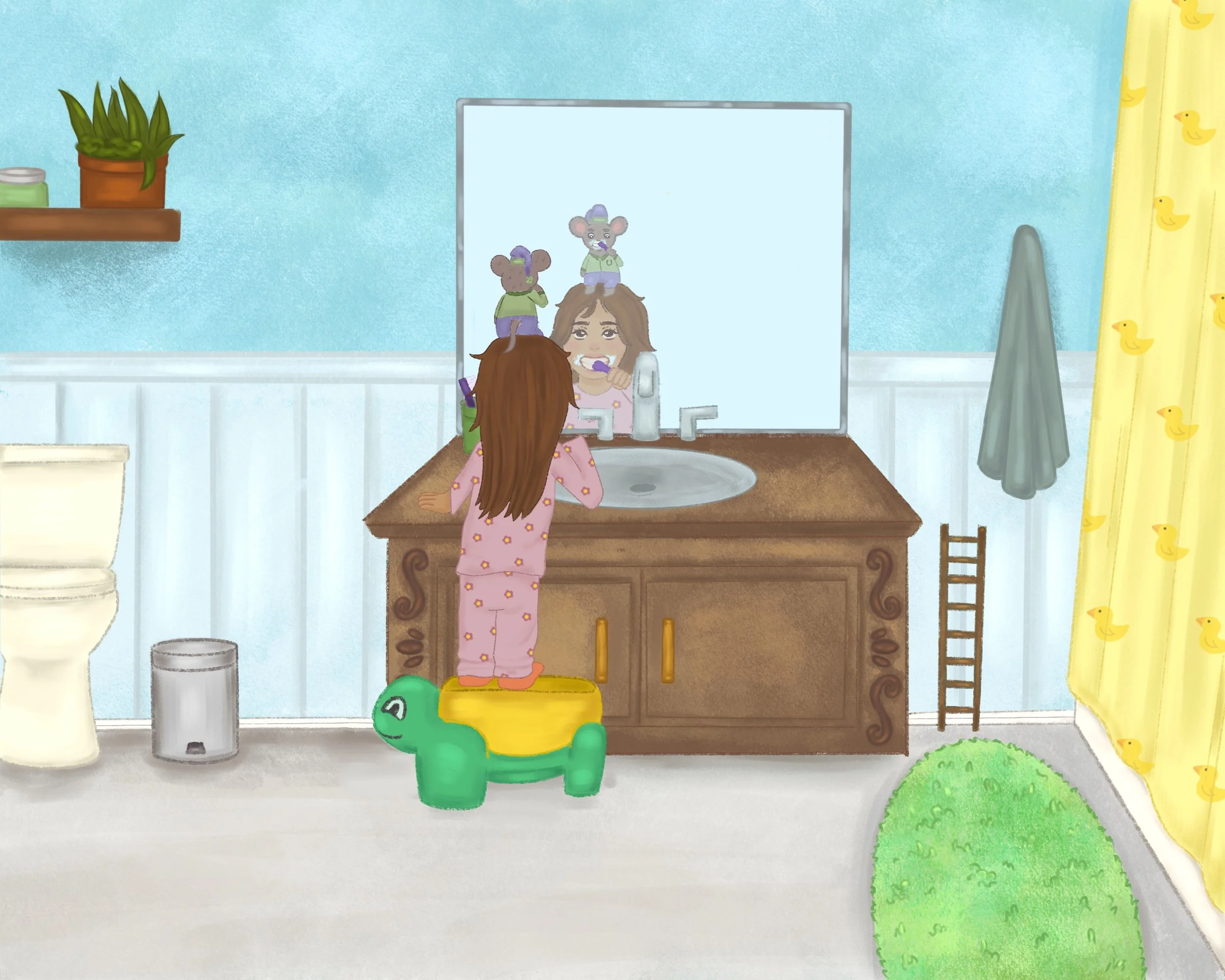 Cordelia is starting of the morning with brushing her teeth alongside sleepy Mortimer the Mouse.