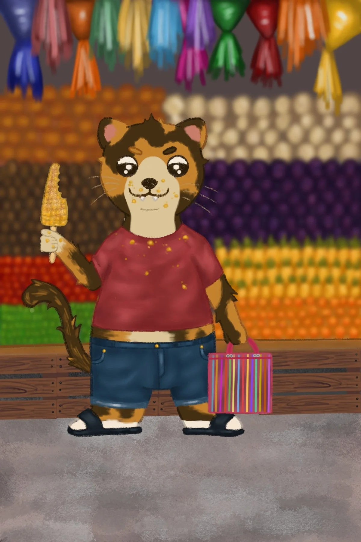 Illustration of a cat going off to the mercado for the groceries abuela asked for, but he must have a treat before he goes on with el mandado