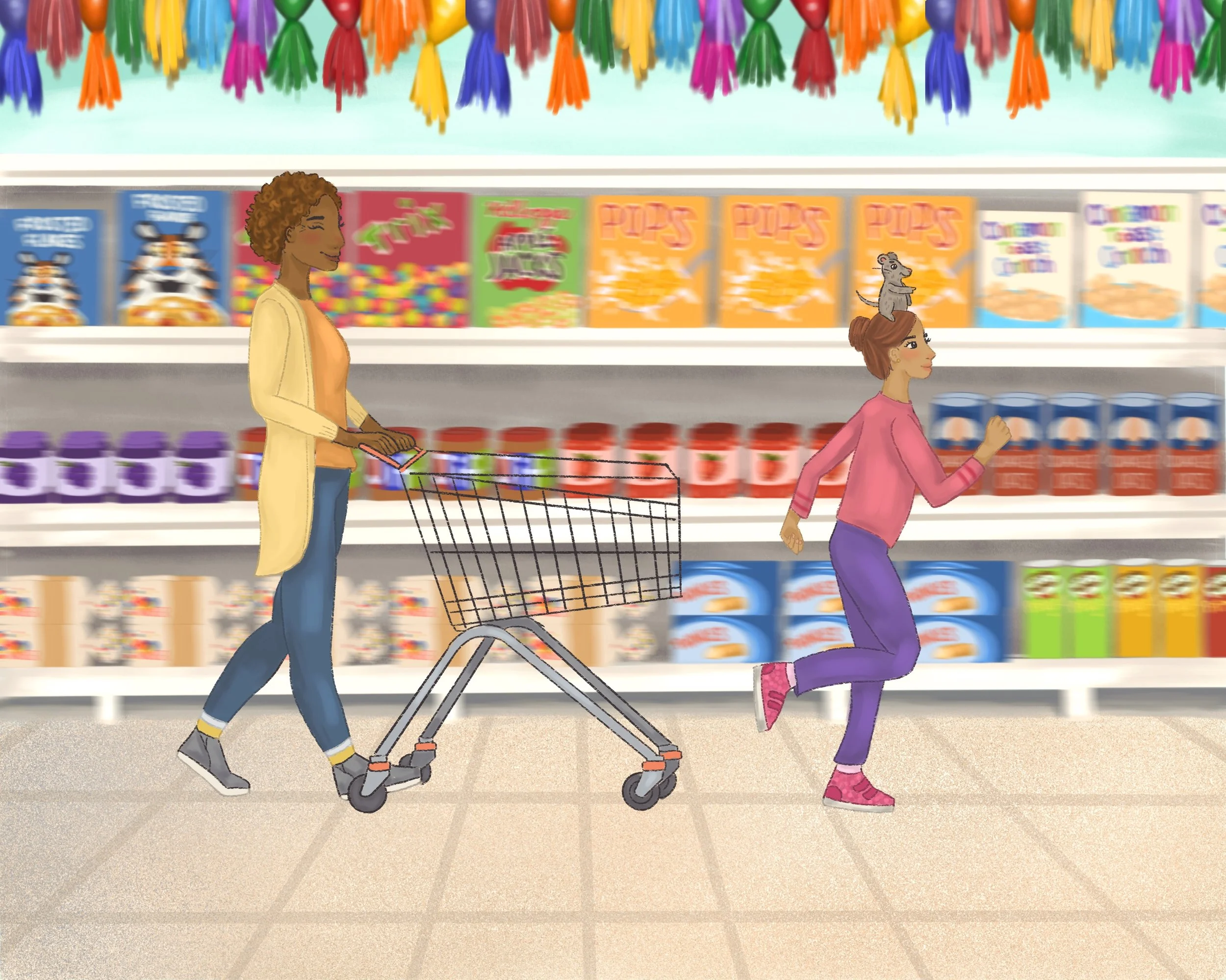 Cordelia and Mortimer try to find something small to buy if mom has leftover money to buy a treat. Cordelia wants a toy but Mortimer wants a cheese stick.