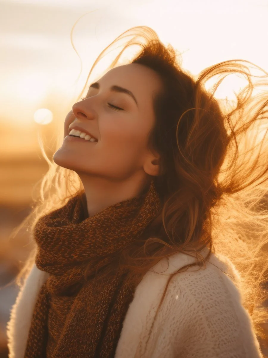 A woman smiling with her eyes closed in a golden field at sunset, feeling calm and free