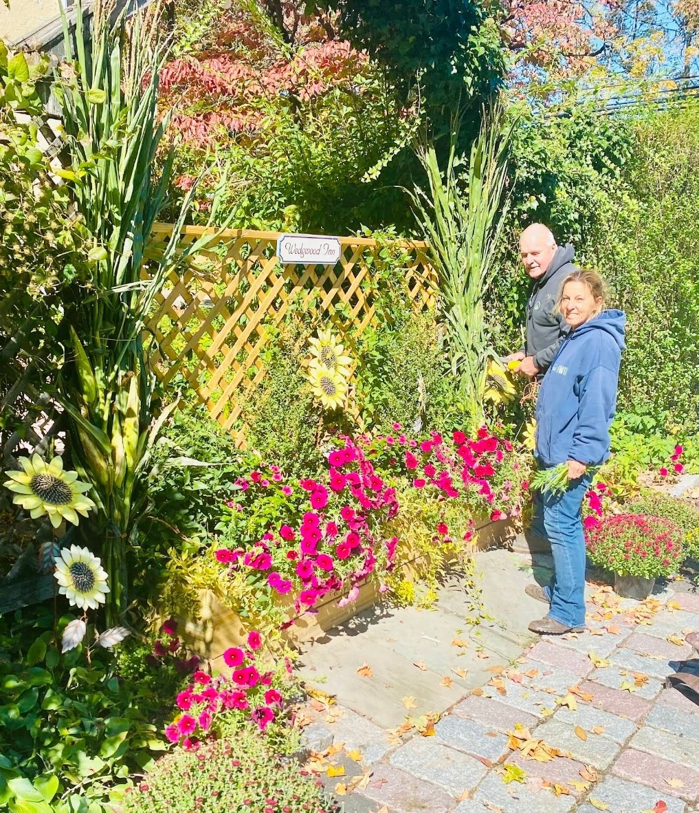 Two people are planting flowers in a garden filled with colorful blooming flowers, including pink and white daisies. They are standing on a cobblestone path, with a lattice fence and lush green plants in the background. The person on the left is holding a yellow gardening tool, and the person on the right is holding a bunch of flowers.