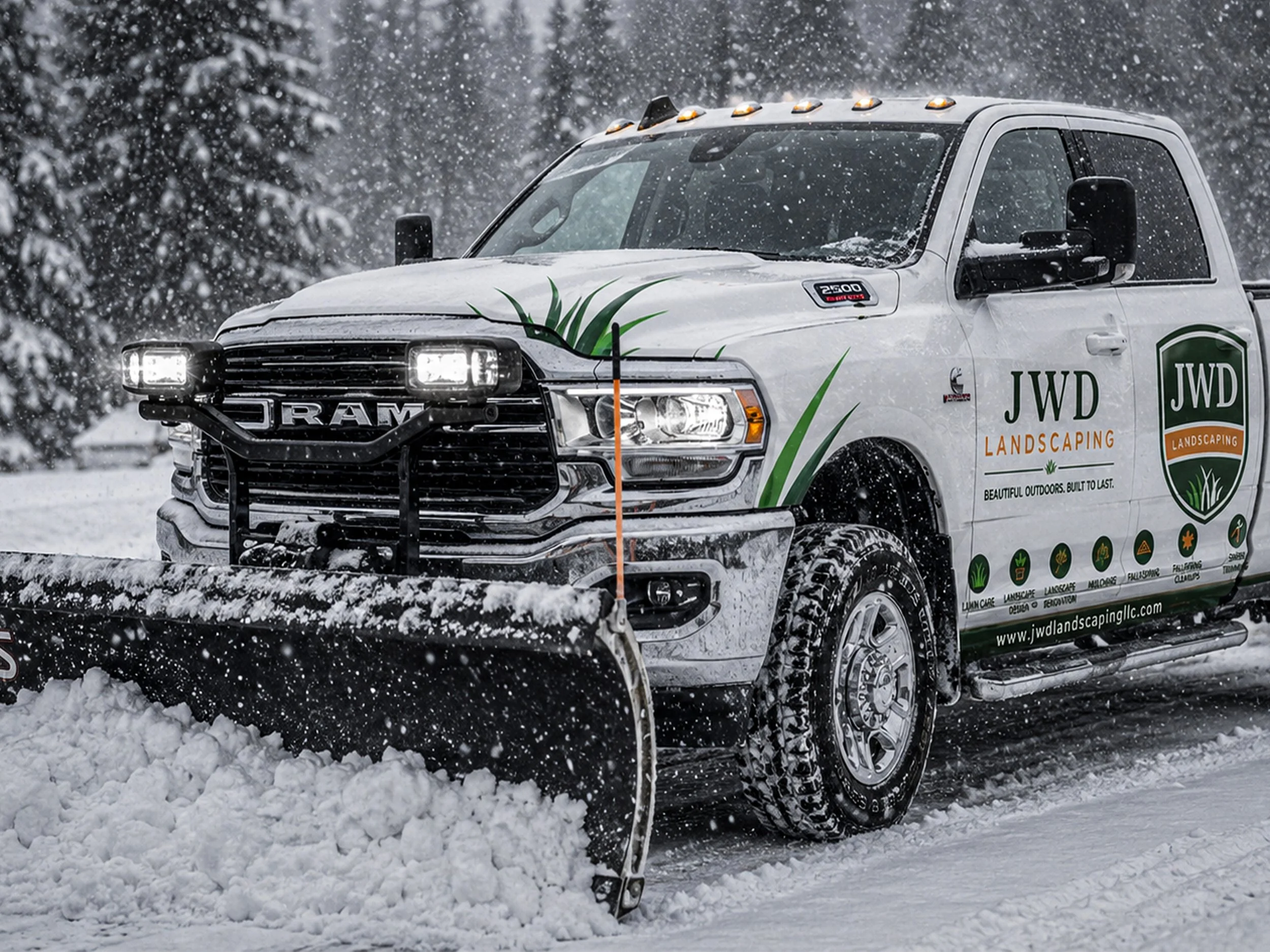 A white pickup truck with decals and advertising for JWD Landscaping, equipped with snow plow attachment clearing snow from a roadway during a snowstorm, surrounded by falling snow and snow-covered trees in the background.