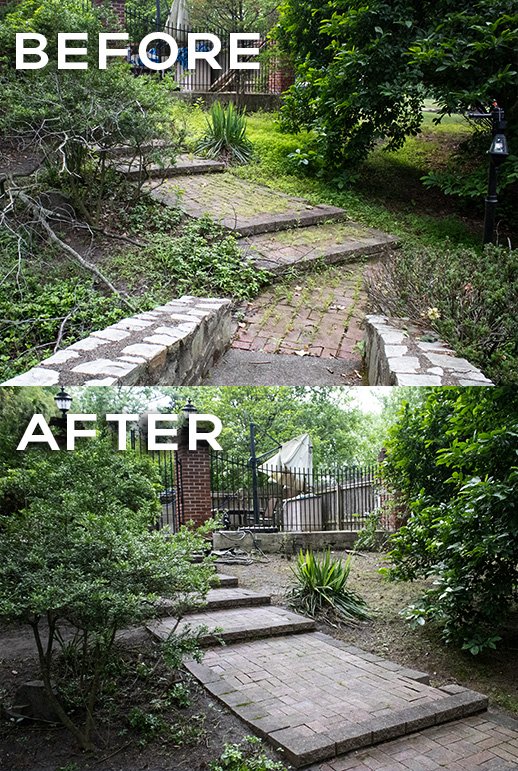Before and after images of a backyard pathway renovation; the 'before' shows a narrow used brick walkway with overgrown plants and uneven steps; the 'after' shows a widened, leveled pathway with clean bricks and a gated backyard in the background.