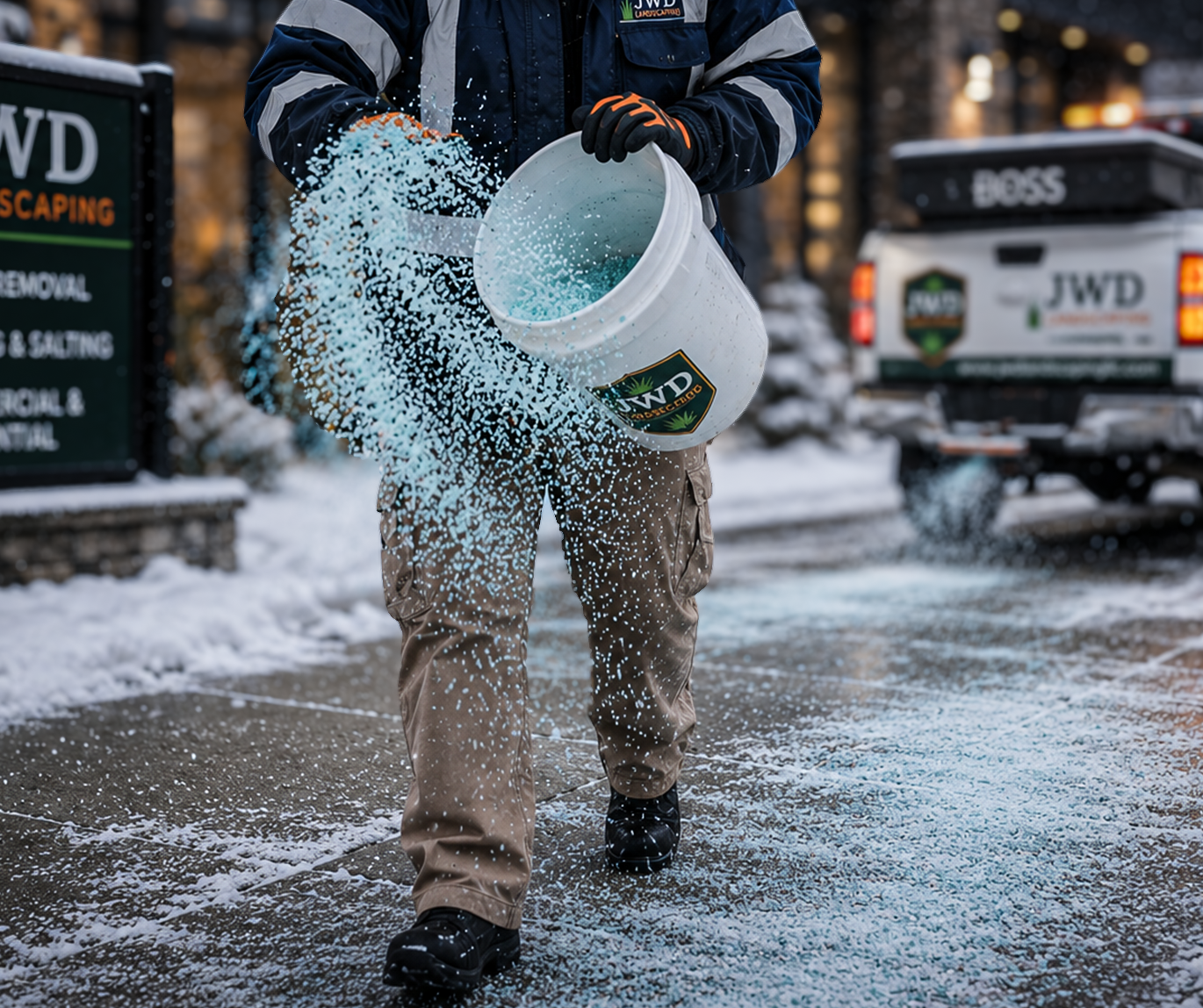 Person pouring blue cleaning solution onto snow-covered sidewalk in front of JWD Landscaping truck.
