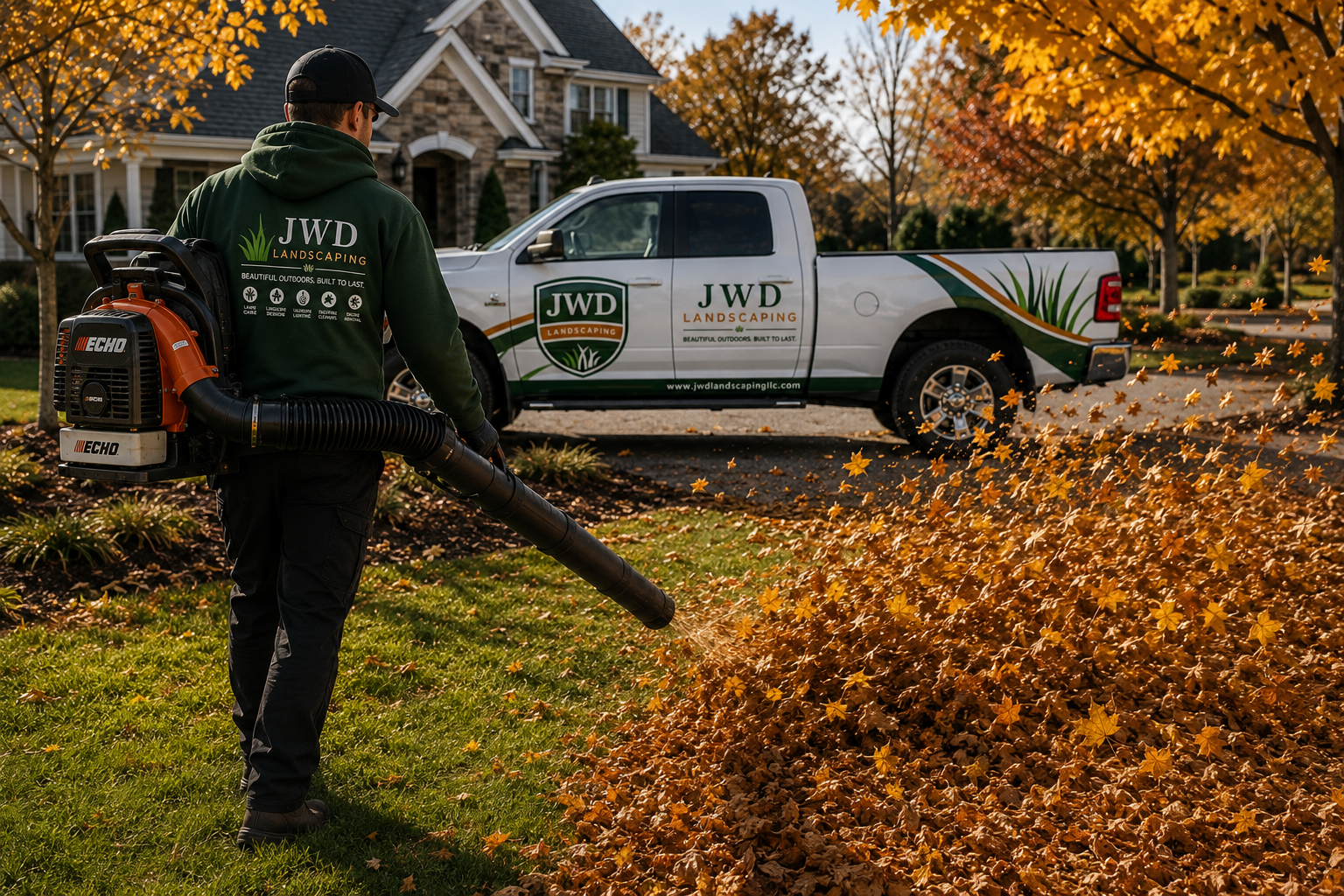 A landscaper wearing a JWD Landscaping hoodie and cap uses a leaf blower to clear fallen autumn leaves from a lawn in front of a house, with a JWD Landscaping truck parked nearby.
