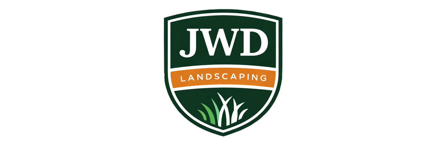 JWD Landscaping logo featuring a shield with green and white colors, the words "JWD Landscaping" and a graphic of grass blades.