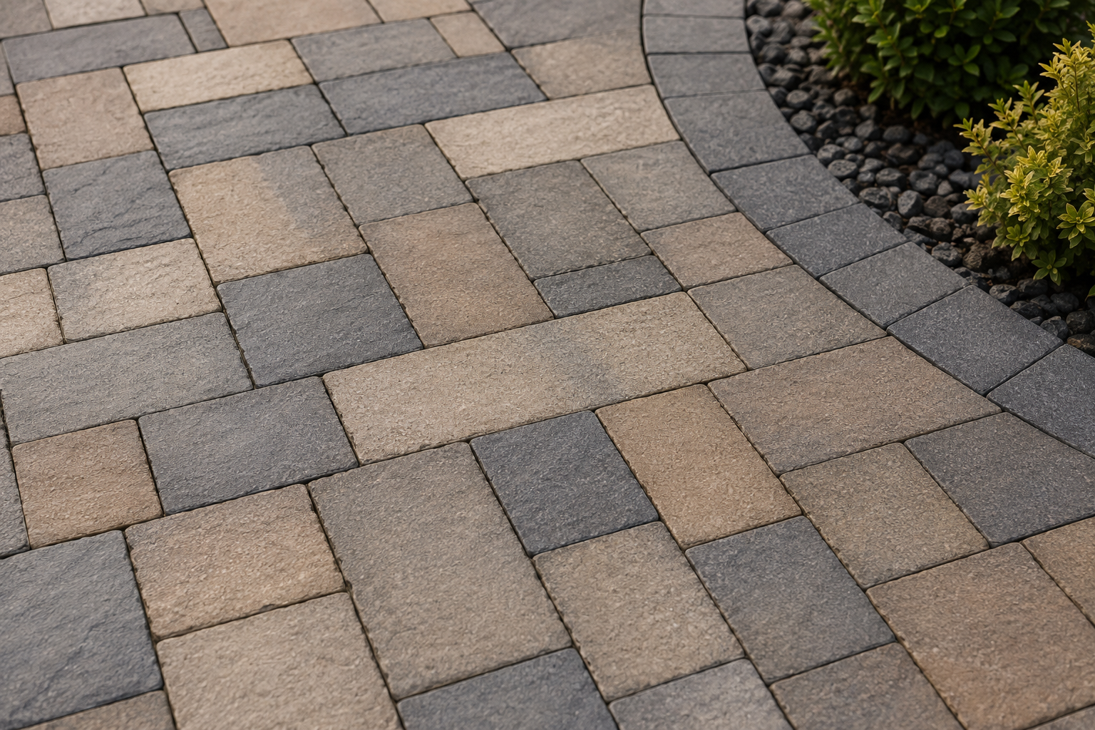 Close-up view of a paved walkway with beige and gray rectangular stones arranged in a pattern, bordered by a curved edge and surrounded by small black rocks and green foliage.