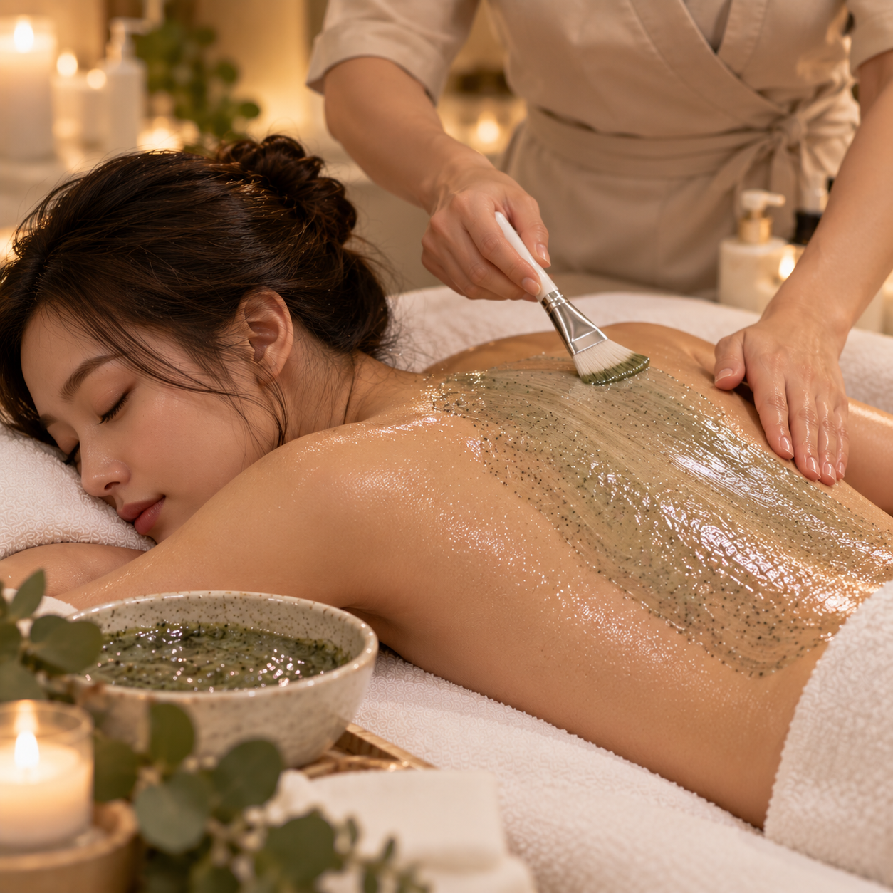 Woman receiving a seaweed body treatment in a spa.