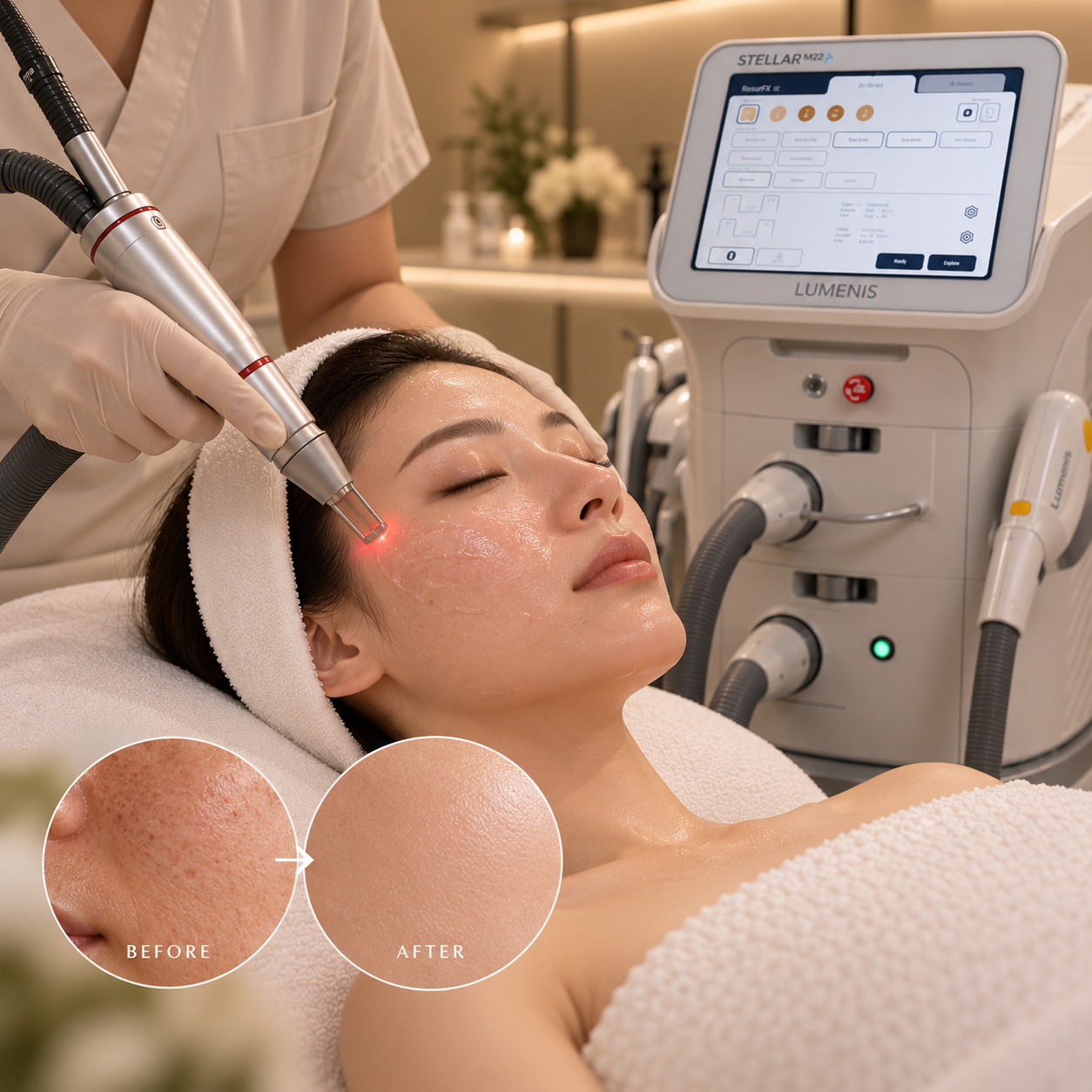 woman receiving a laser skin treatment at a medical spa or dermatologist's clinic, with a close-up comparison of her skin before and after treatment, and a dermatologist operating a laser machine.
