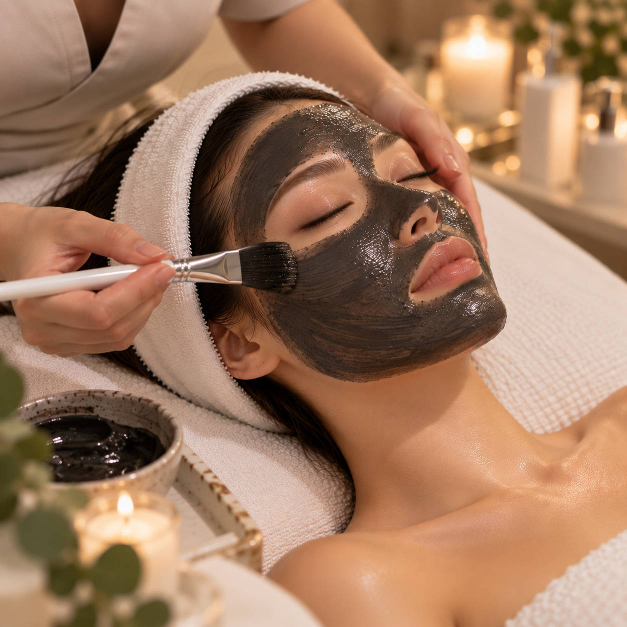 A woman enjoying a facial treatment with a black face mask at a spa.
