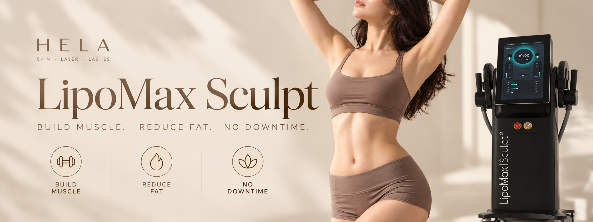 A woman wearing a sports bra and shorts standing next to a Liposculptor machine, with her hands behind her head, in a bright room promoting LipMax Sculpt for building muscle and reducing fat without downtime.