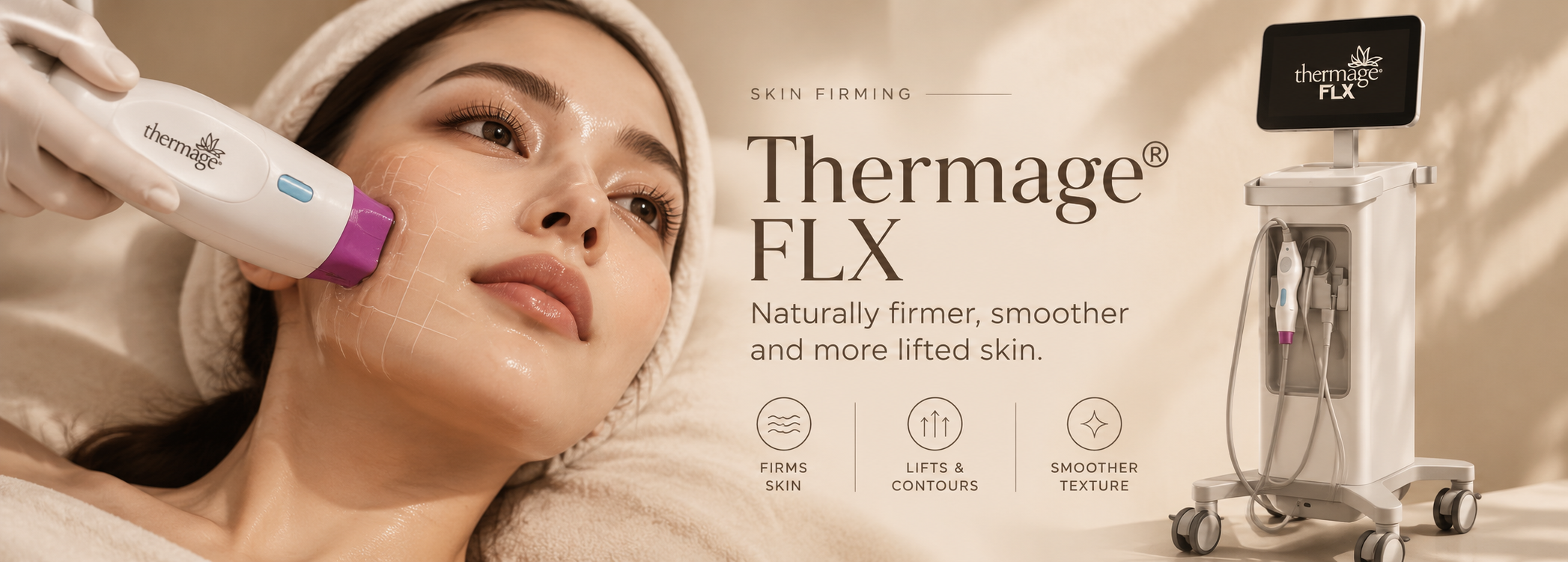 A woman receiving a skin treatment with a machine labeled Thermage FLX, which is used for skin firming, lifting, and contouring.
