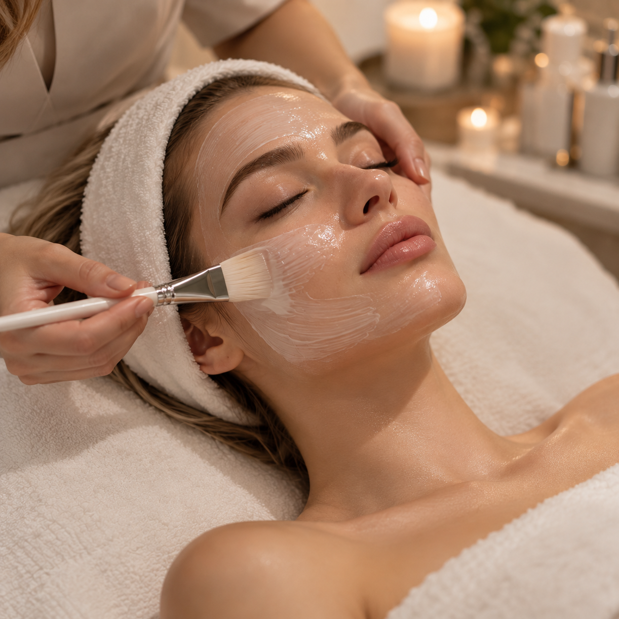 A woman receiving a facial treatment in a spa, with a skincare mask being applied to her face.