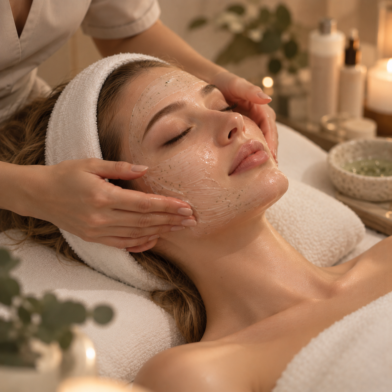 A woman receives a facial treatment at a spa, with a facial mask applied and her eyes closed, while a therapist gently massages her face.
