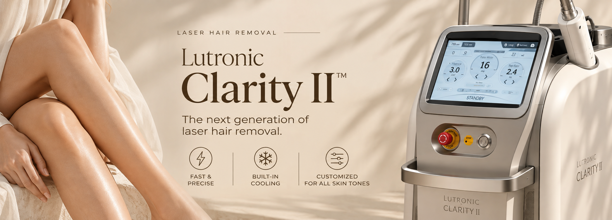 A promotional image for Lutronic Clarity II laser hair removal machine showing a person's smooth legs and the device with a touchscreen interface.