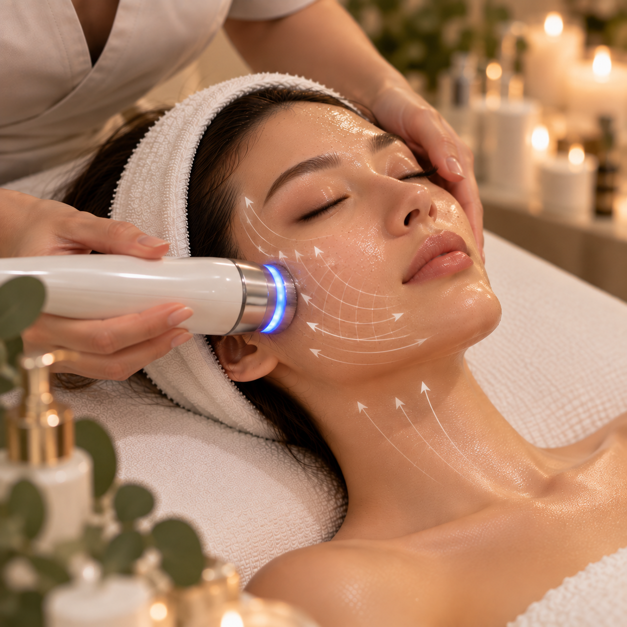 A woman receiving a facial treatment with a device emitting laser or light therapy in a spa or skincare clinic.