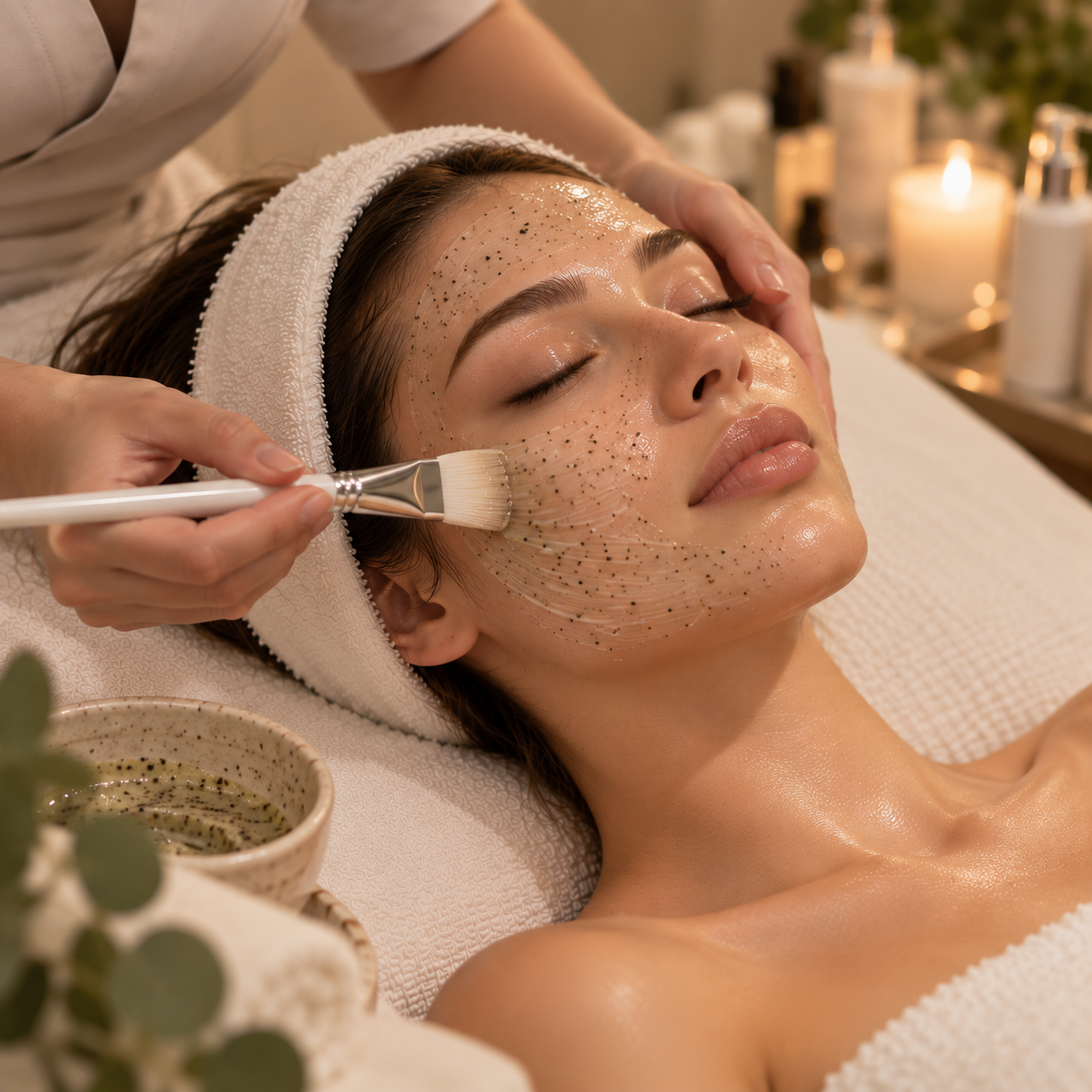 A woman lying down with her eyes closed getting a facial treatment. A practitioner is applying a mask with a brush to her face, which has small black spots on it.
