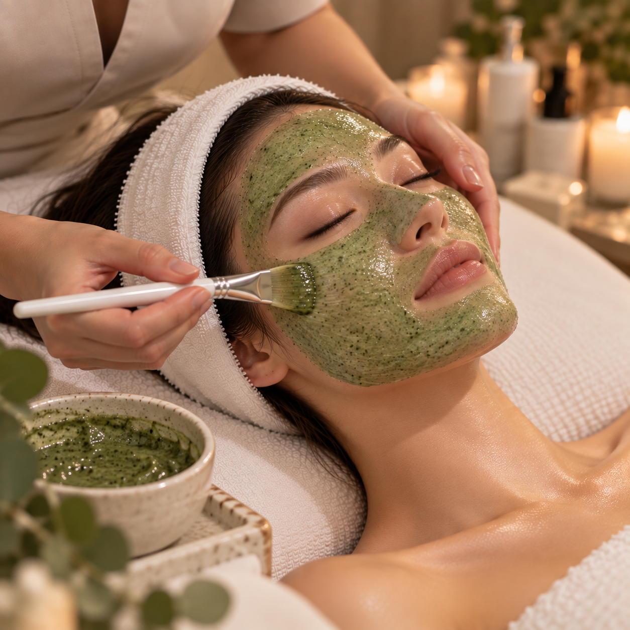 A woman is lying down with a relaxed expression, receiving a facial treatment. A skincare professional is applying a green facial mask with a brush, and the woman has a headband holding her hair back. Candles and spa essentials are visible in the background.