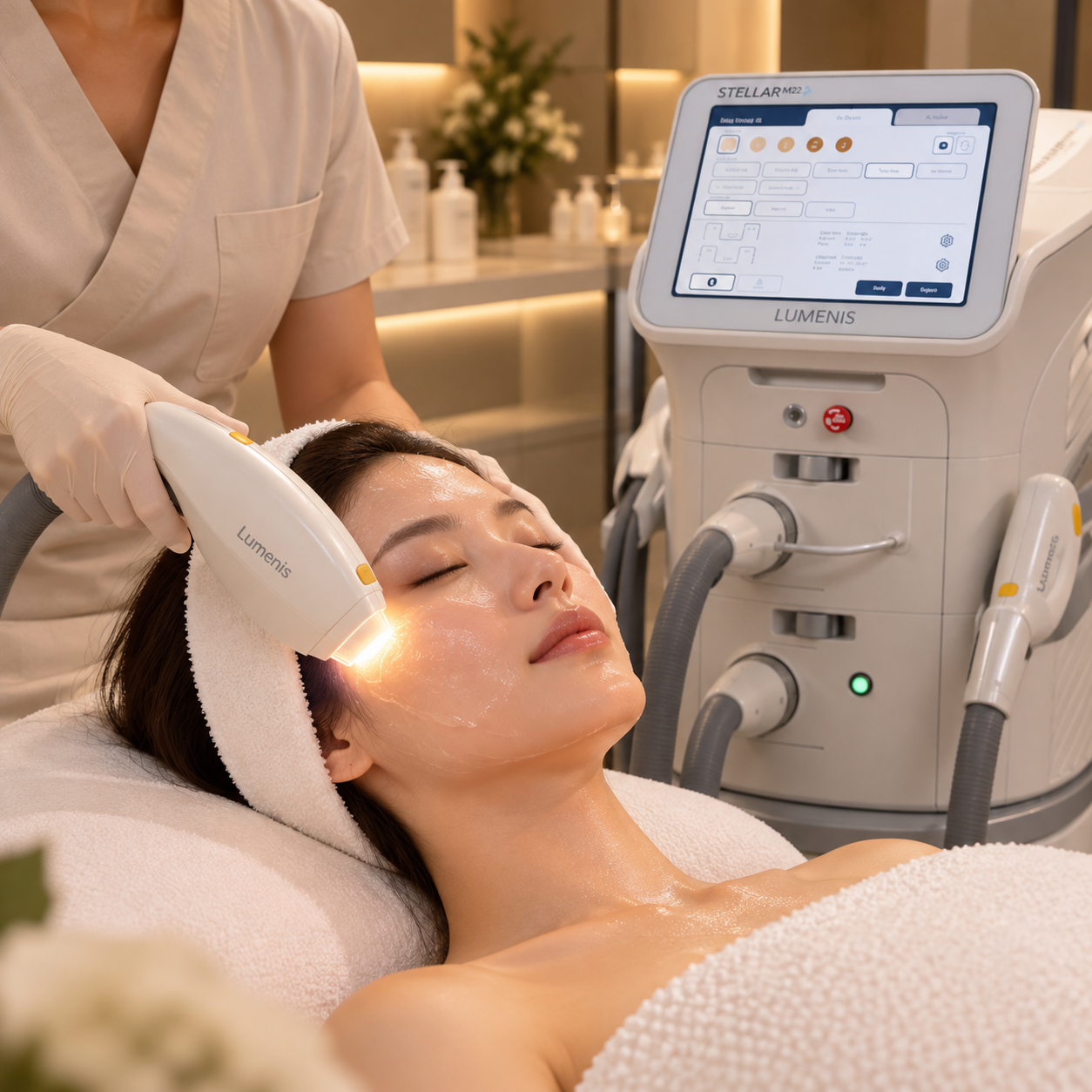 Woman receiving a facial treatment with a laser machine in a spa or clinic setting, lying on a treatment bed with eyes closed.