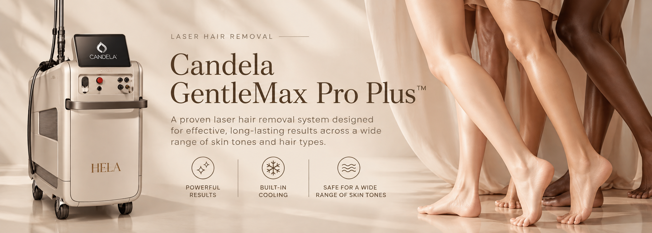Advertisement for Candela GentleMax Pro Plus laser hair removal machine with a row of women's legs showing different skin tones, emphasizing skin safety and effectiveness.