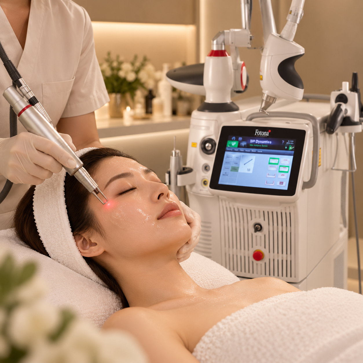 A woman lying down with her eyes closed getting a facial treatment with a laser device in a spa or clinic setting, with a technician operating the laser.