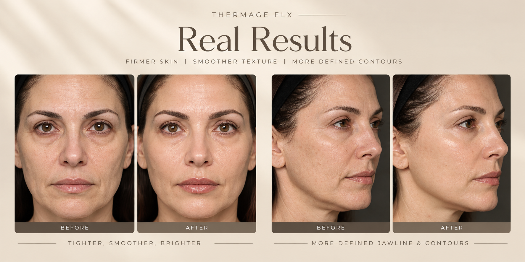 Comparison photos showing before and after results of a skin treatment, highlighting smoother, brighter skin and more defined contours.