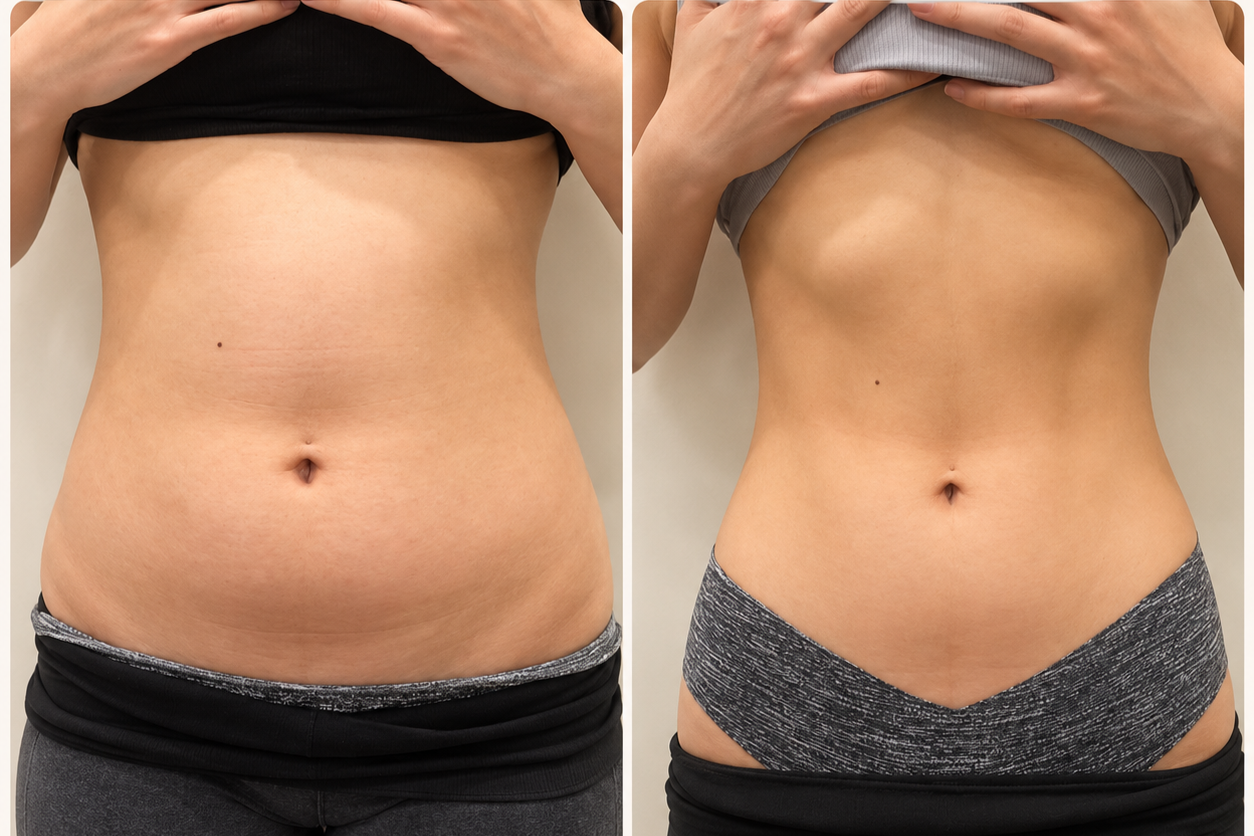 Side-by-side comparison of a woman's abdomen before and after fitness or weight loss, showing a flatter, more toned stomach on the right.