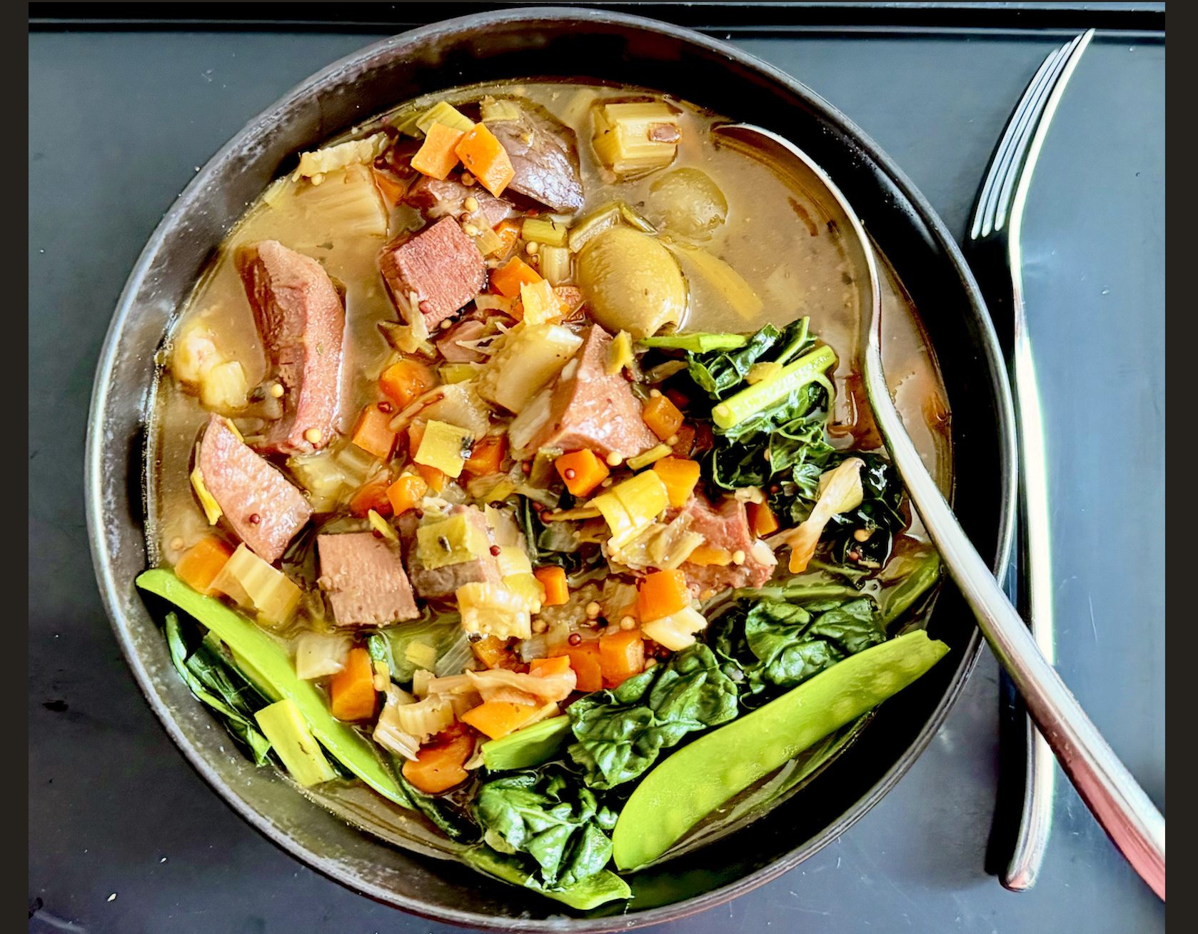 Beef Tongue Stew With Green Olives and Wholegrain Mustard