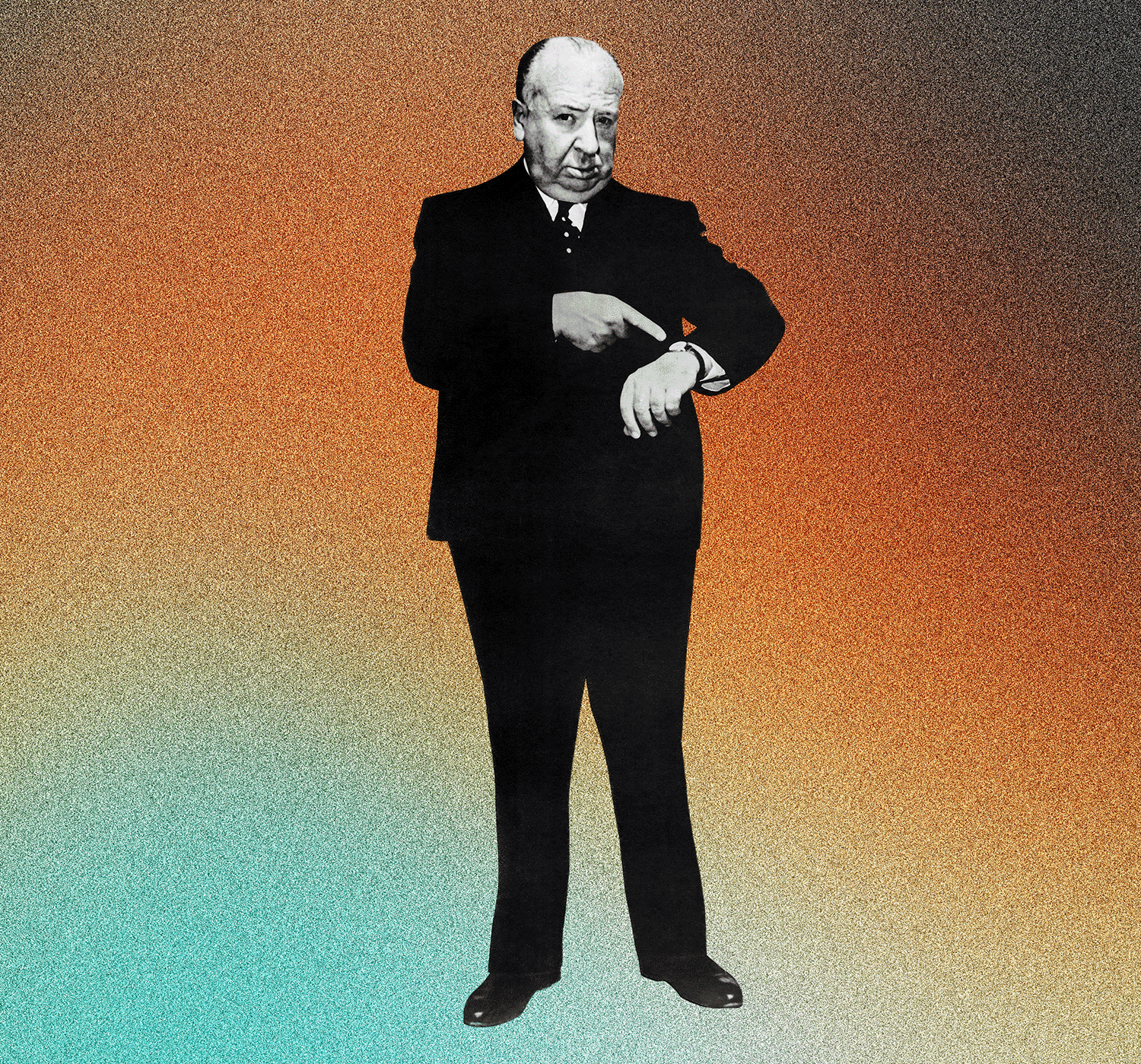 A black-and-white man in a suit checking his watch against a colorful, gradient background.