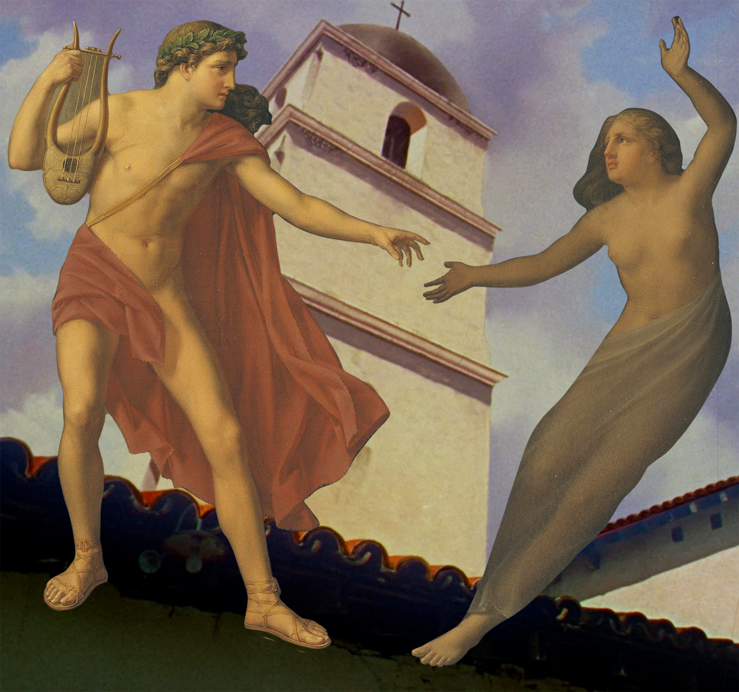 A digitally manipulated painting of a man in ancient Greek attire on a rooftop reaching out to a woman with a torn, semi-transparent lower body, against a background of a church tower and clouds.