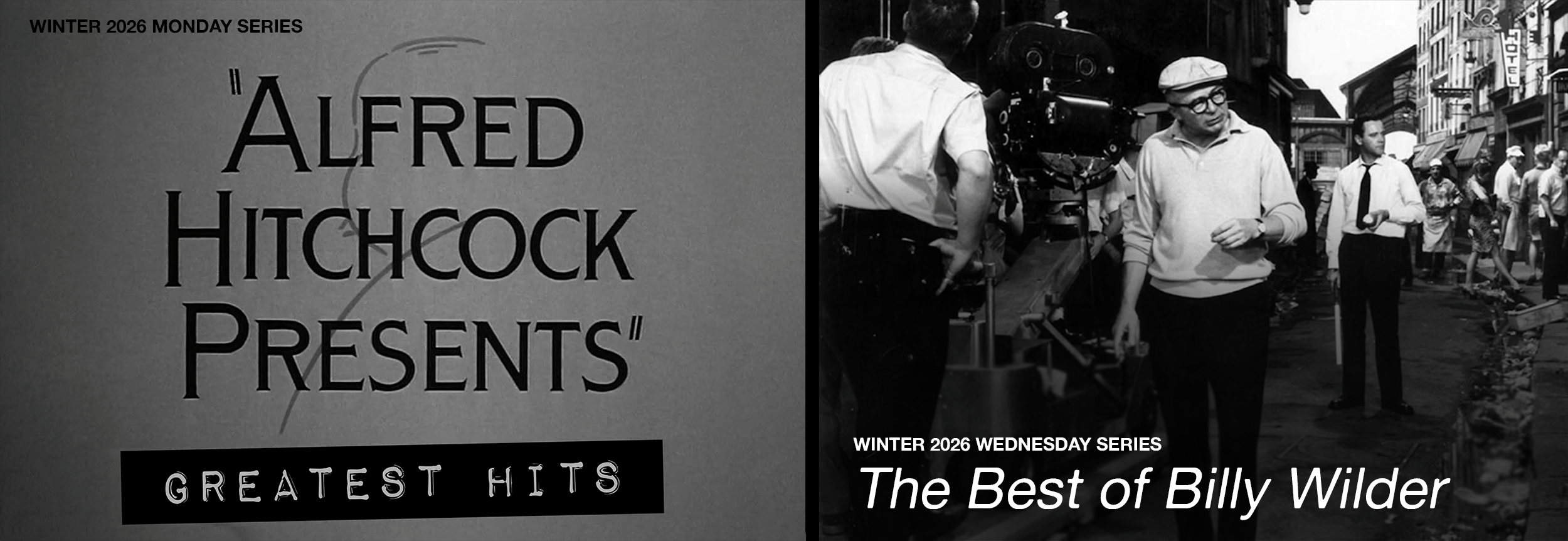 A split image with the left side showing text about Alfred Hitchcock Presents: Greatest Hits, and the right side featuring a black and white photo of a film set with crew members filming on a street, including a man with glasses and a cap.