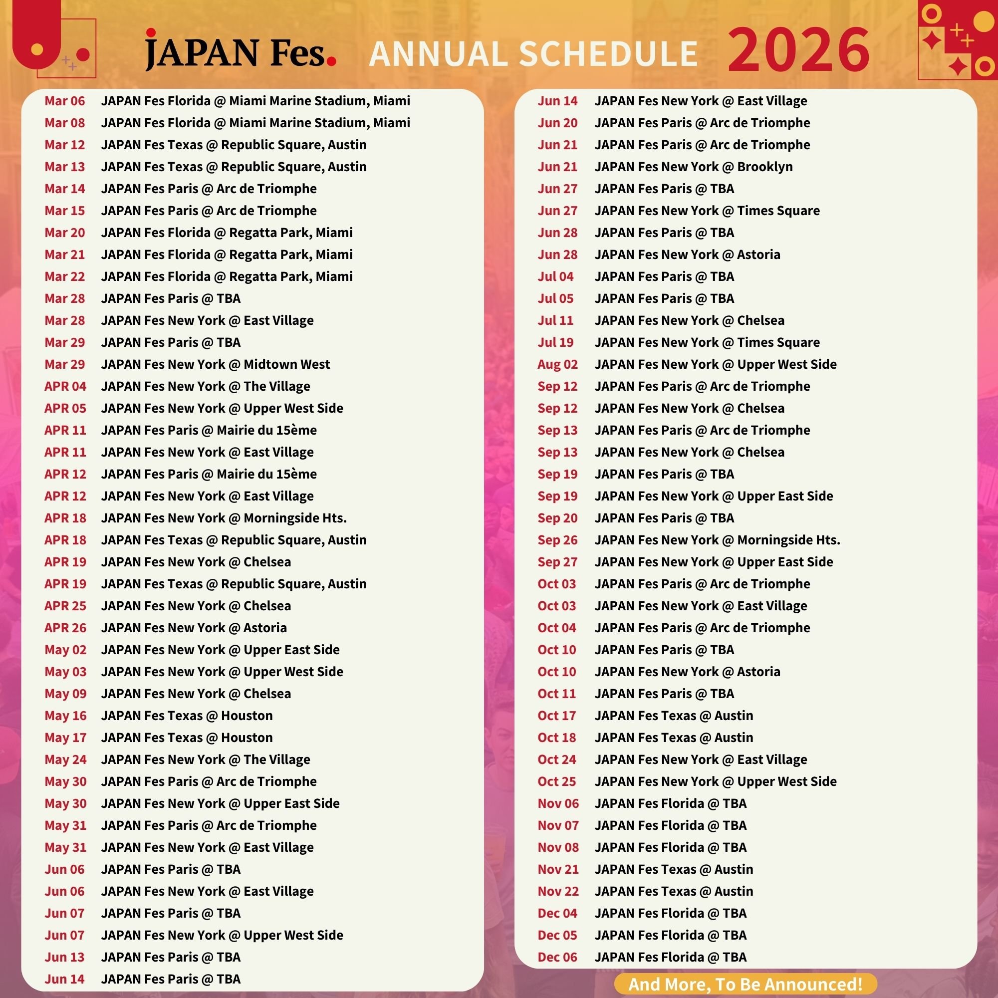 JAPAN Fes年間スケジュール確定のお知らせ