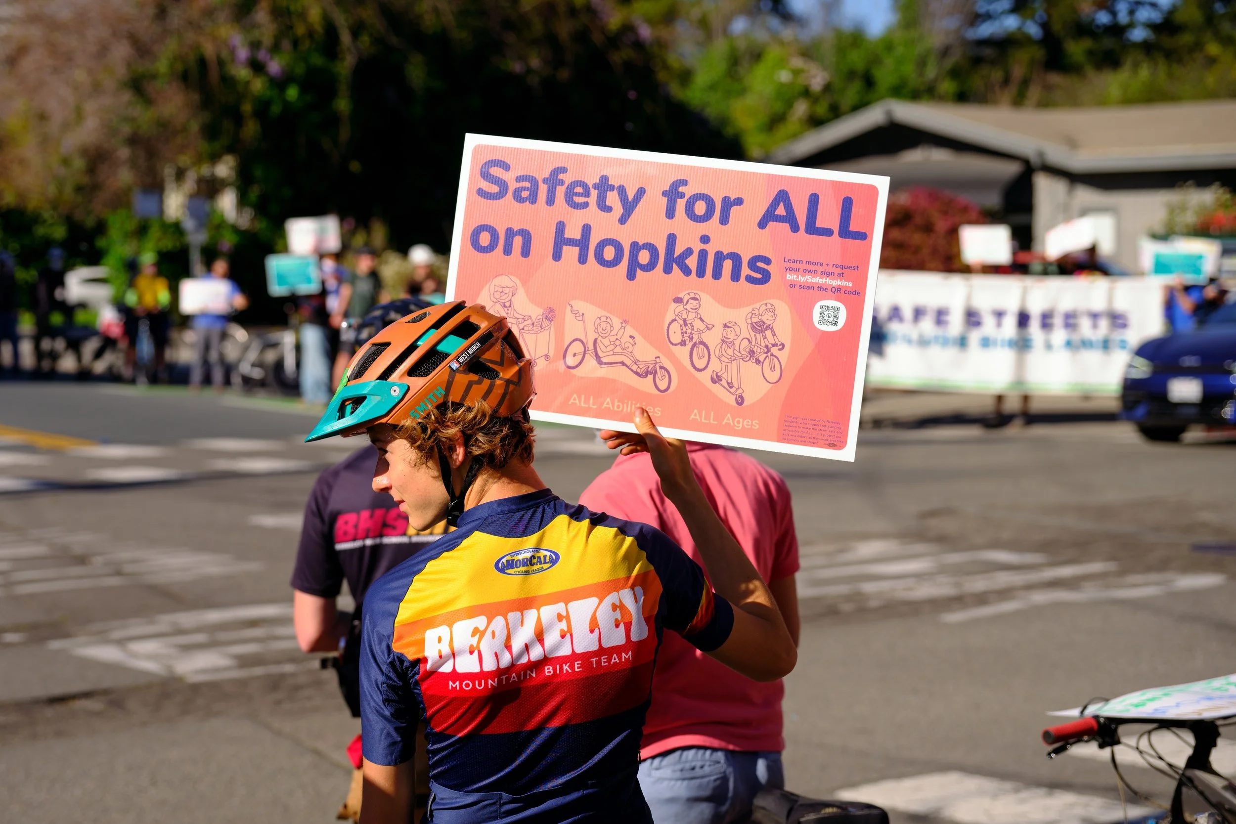 Students from Berkeley High School rally in support of a proposal to add bike lanes on Hopkins Street in Berkeley, CA. 