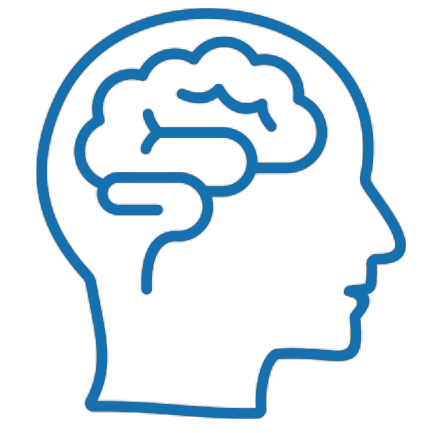 Outline of a human head with a brain illustrated inside.