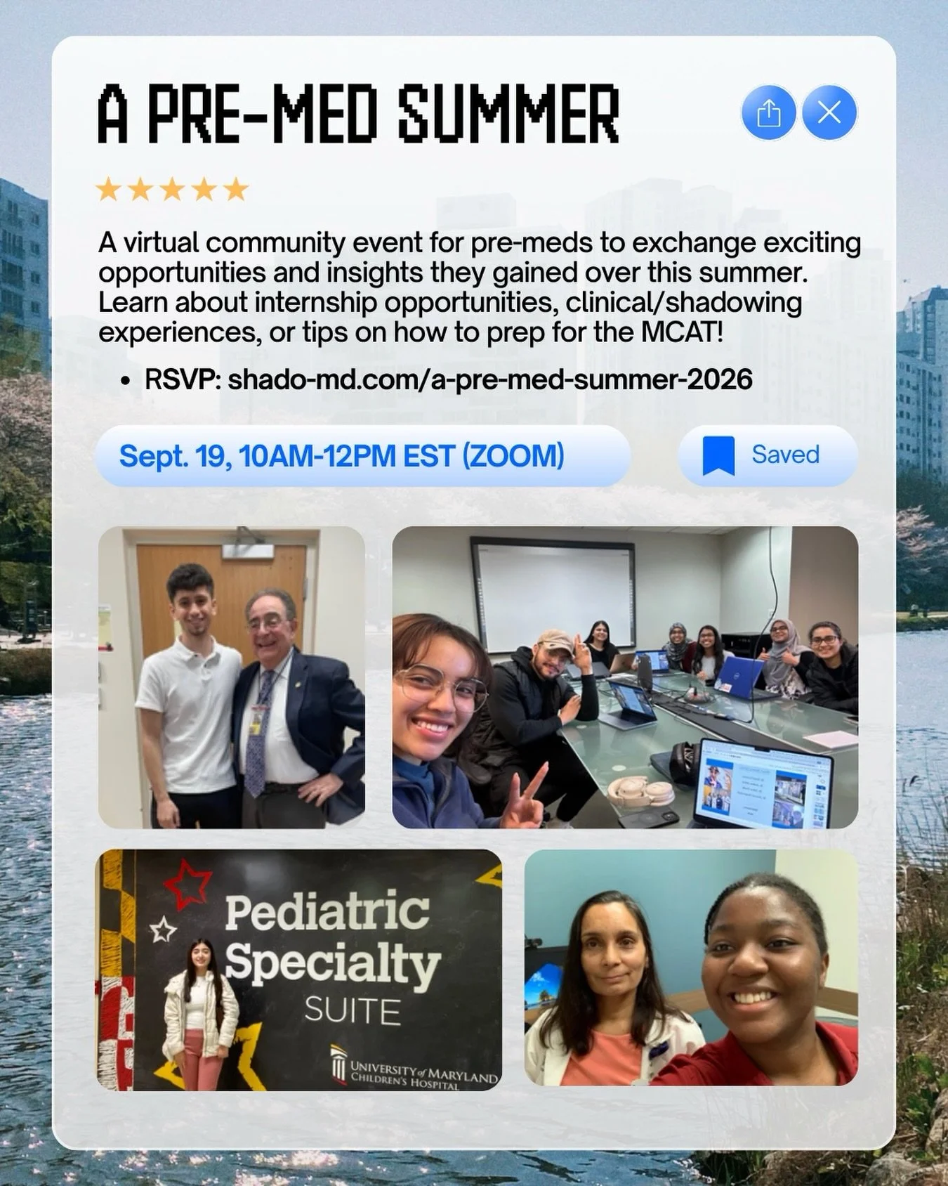 T-13 days until our very first meetup!! Join us on Zoom on Sept 19 for information about upcoming shadowing, meet fellow pre-meds and learn about what they did over the summer, share your insights, and network with your community! 

RSVP link in bio 