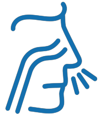 Line drawing of a human face in profile with sound waves near the mouth
