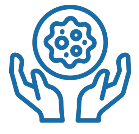 Outline of two hands holding a circle with a stylized virus or bacteria icon inside.