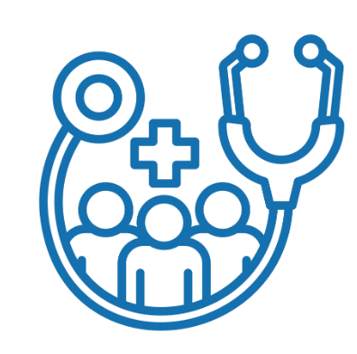 Medical stethoscope with a cross symbol and four people icons inside the stethoscope.