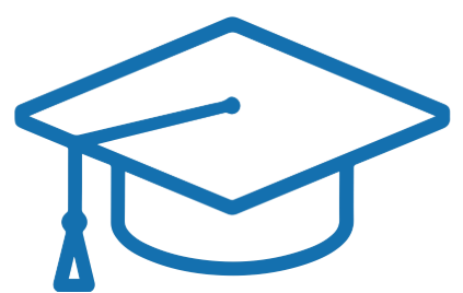 Icon of a graduation cap, blue outline on a white background.