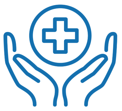 Illustration of two hands holding a circle with a medical cross inside.