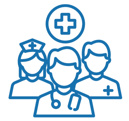 Line drawing of three healthcare professionals, including a nurse with a nurse's cap, a doctor with a stethoscope, and another medical worker, with a medical cross symbol above them.