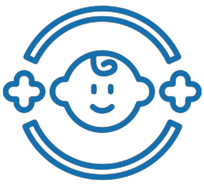 A smiling baby face outline with plus signs on each side and a curved line above and below, likely representing health or care.