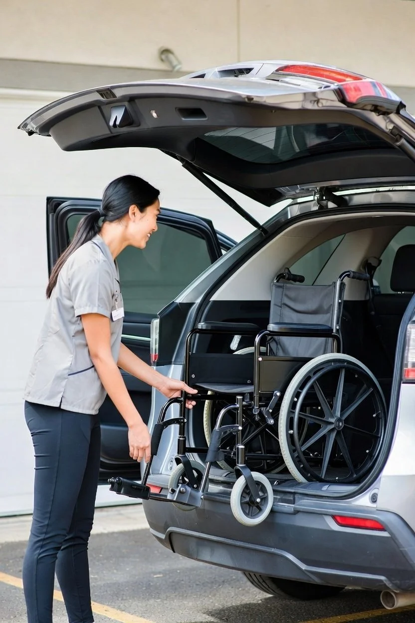 A woman loads a wheelchair into the back of a vehicle.