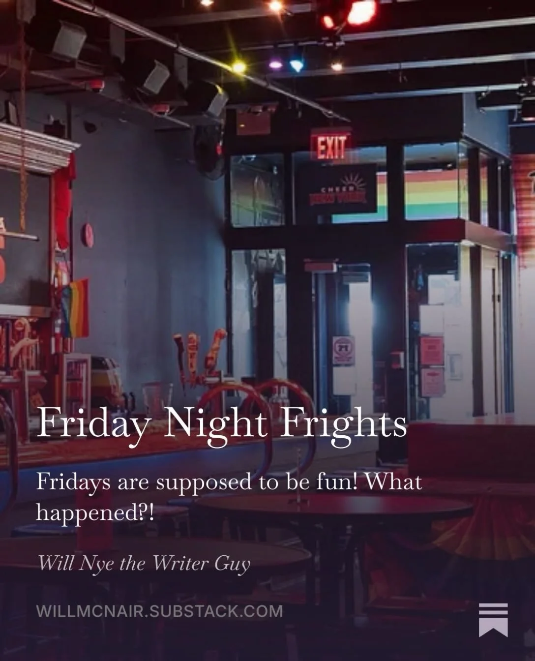 Friday nights have taken a sharp left from fun and rowdy to scary and sad. I&rsquo;m comin&rsquo; back, though. Bet. 

Link in bio and 👇🏾
https://willmcnair.substack.com/p/friday-night-frights