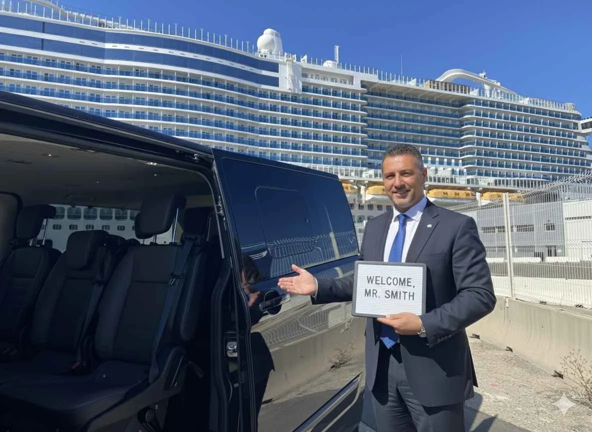 A man in a suit holding a sign that says 'Welcome, Mr. Smith' standing next to a black van with a cruise ship in the background on a clear, sunny day.