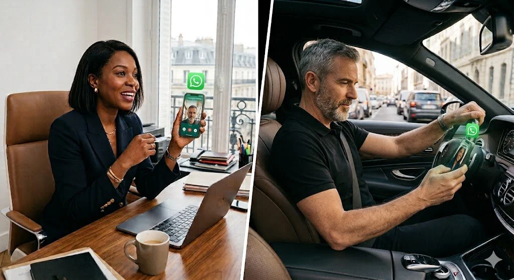 A woman is sitting at a desk in a bright office, holding a smartphone with a WhatsApp video call. A man is driving a car, holding a phone with a WhatsApp video call.